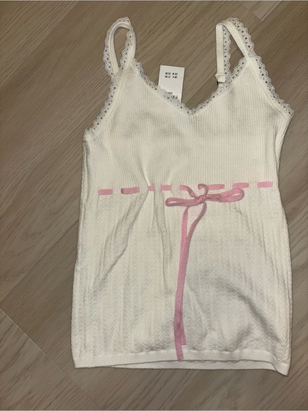 Hollister White Lace-Trim Tank with Pink Ribbon Detail